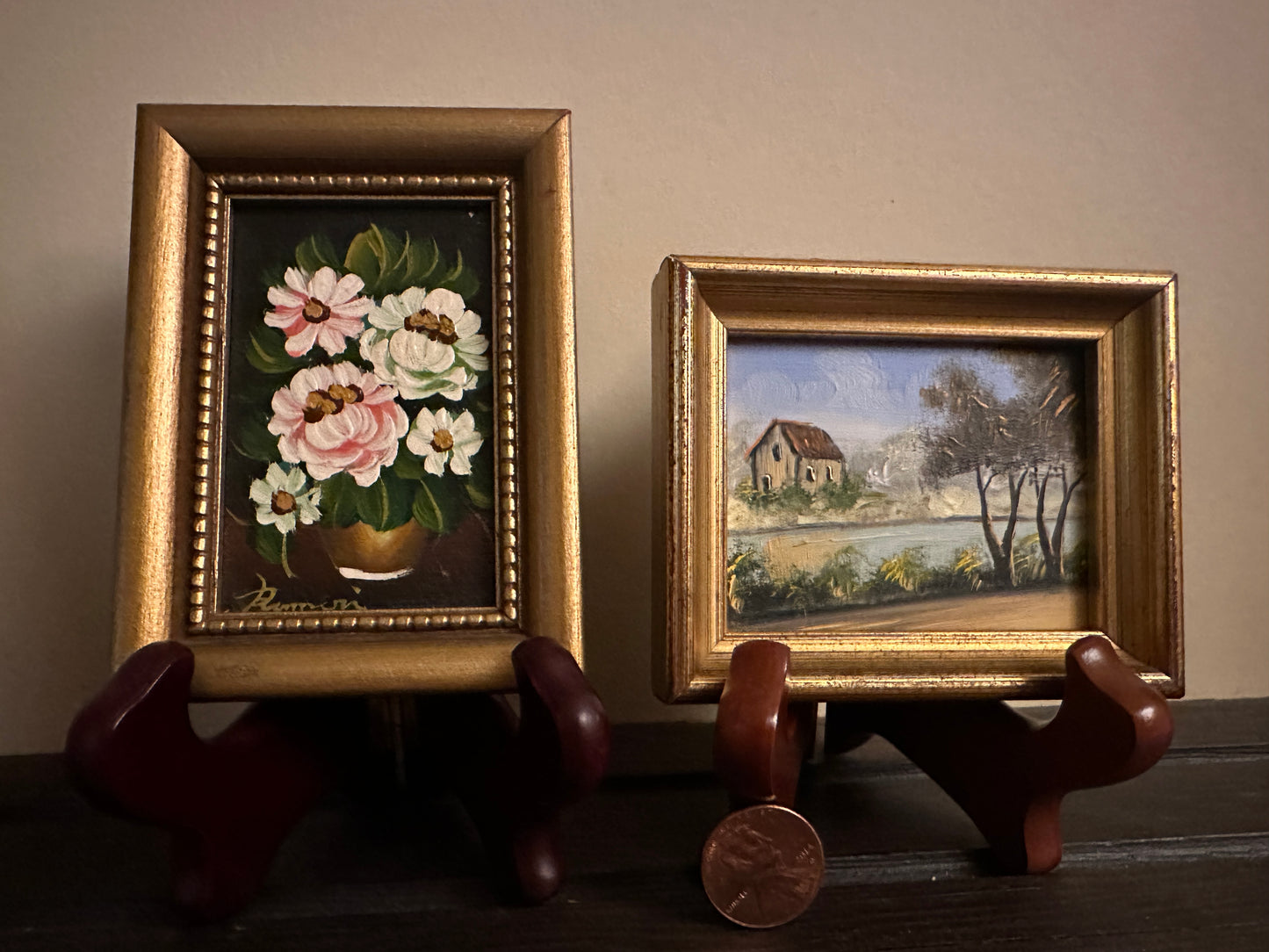 2 Mini Oil Paintings on Canvas with Wooden Frames + Easels