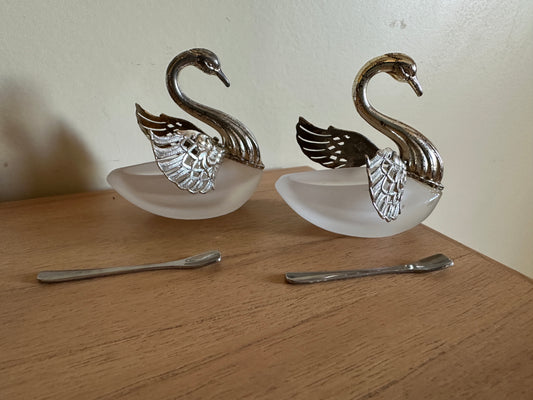 Silver Plated Glass Swan Salt Servers