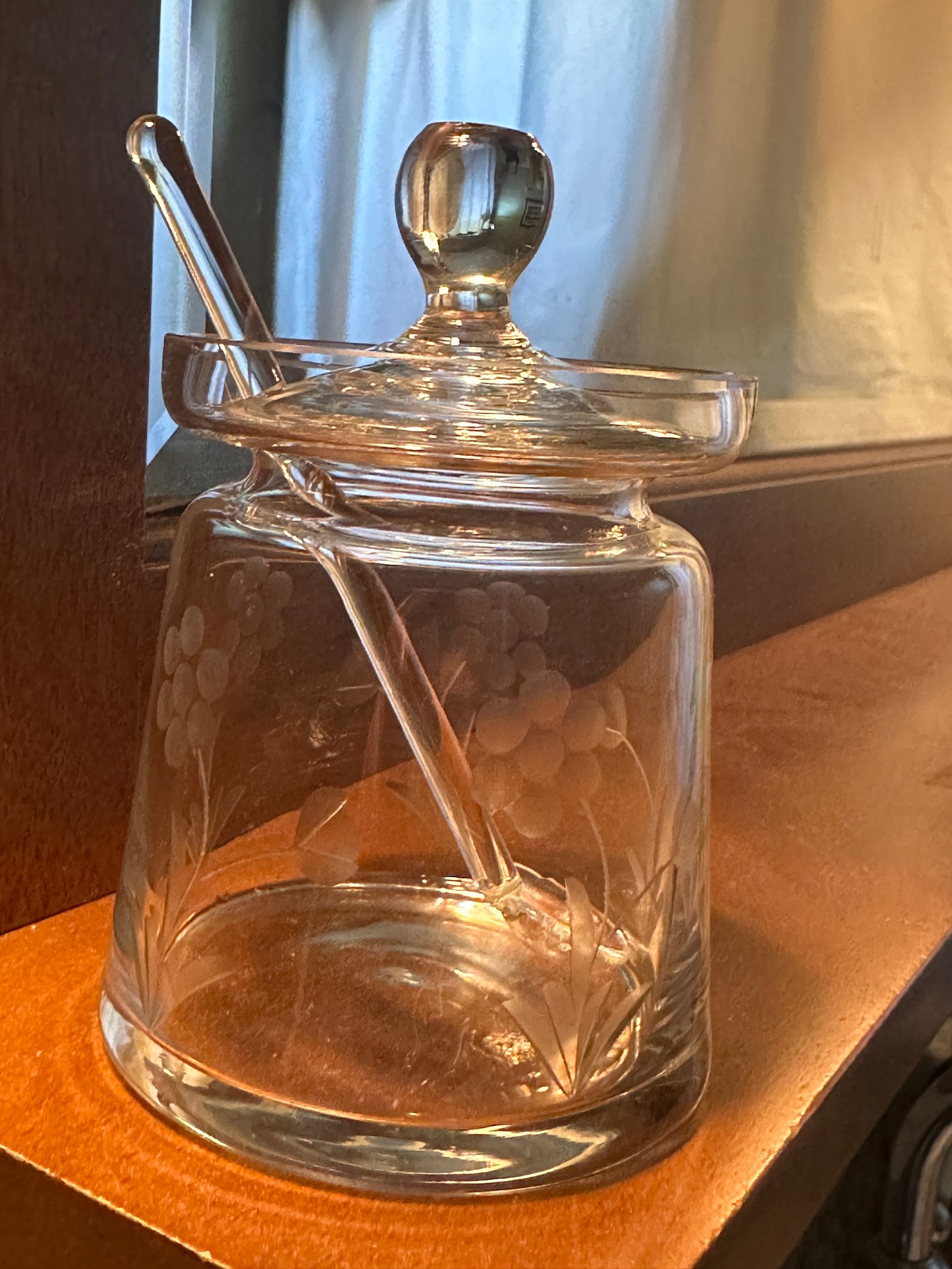 Etched Vintage Daisy Relish Jar with glass spoon and lid