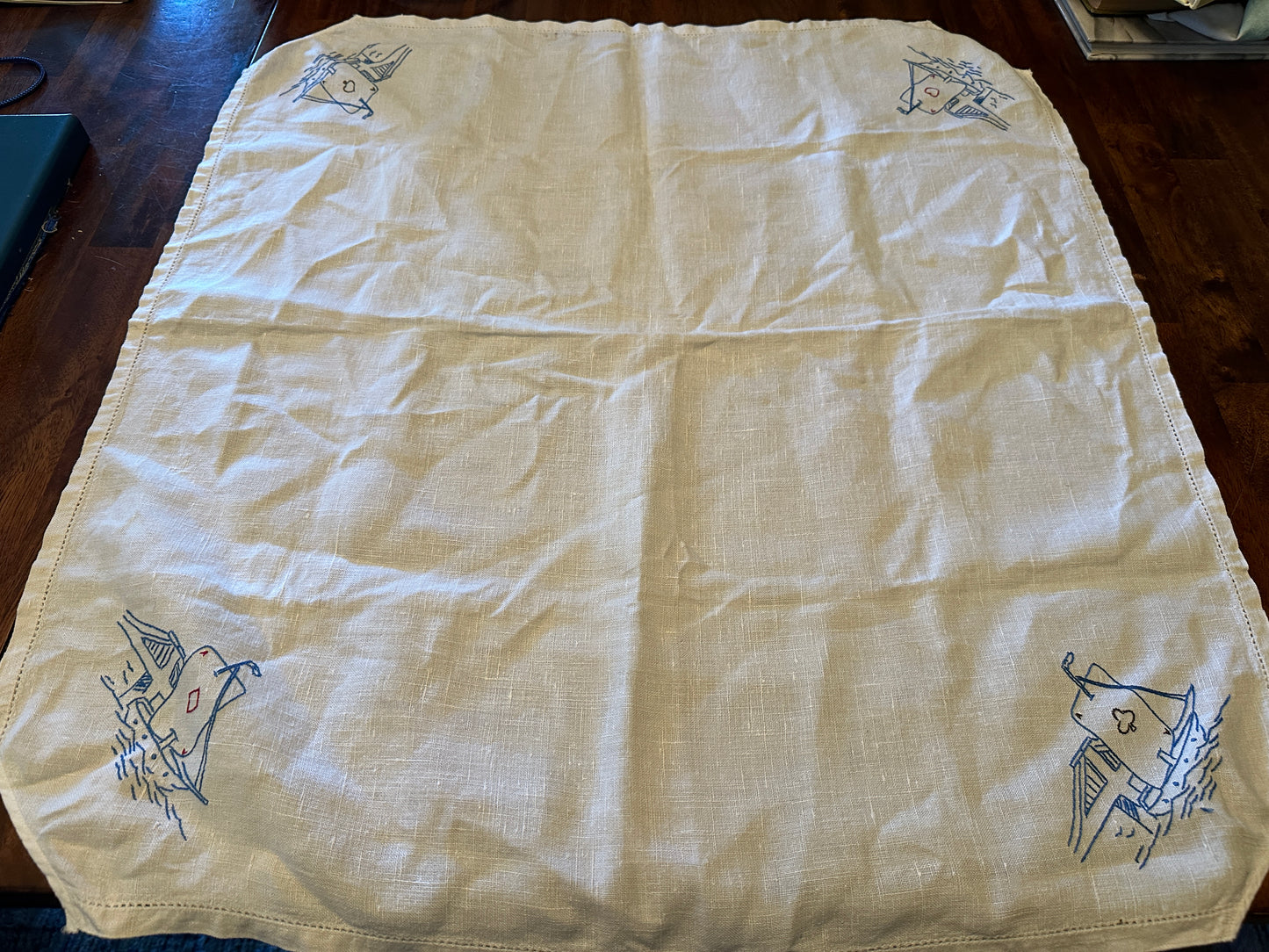 Vintage Embroidered Linen Card Table Cloth