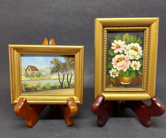 2 Mini Oil Paintings on Canvas with Wooden Frames + Easels