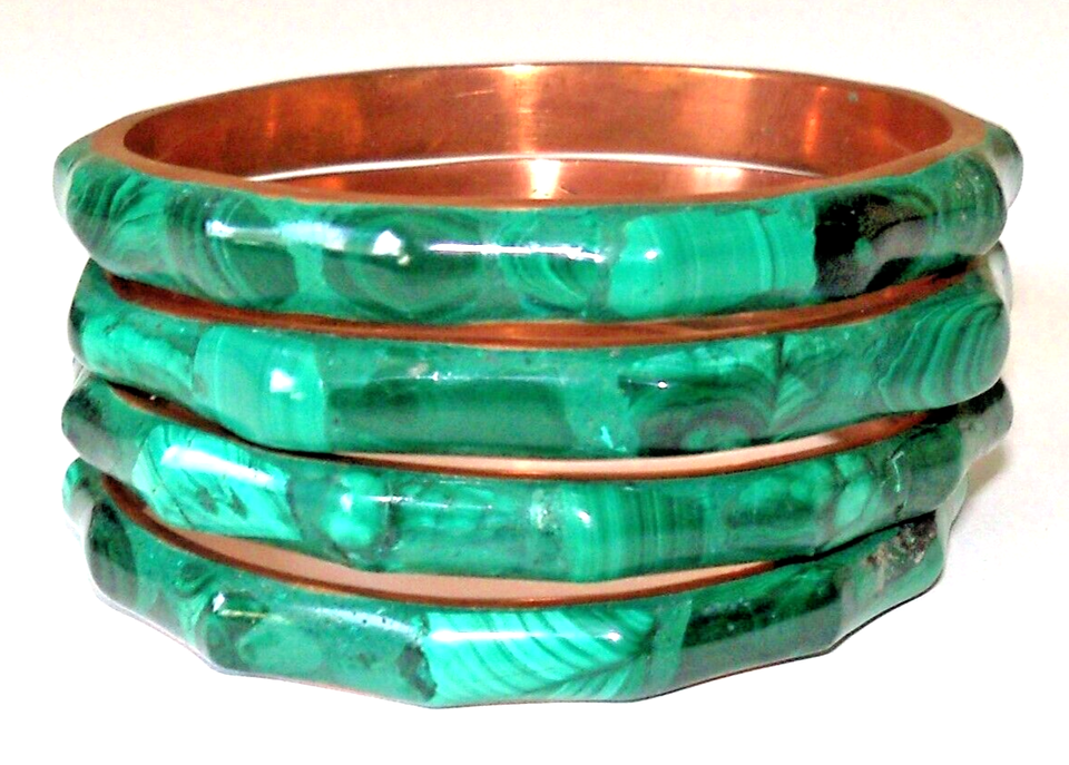 4 Vintage Scalloped Malachite Copper Bangle Bracelets
